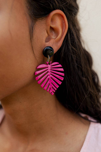 Fuchsia Carved Horn Palm Leaf Earrings