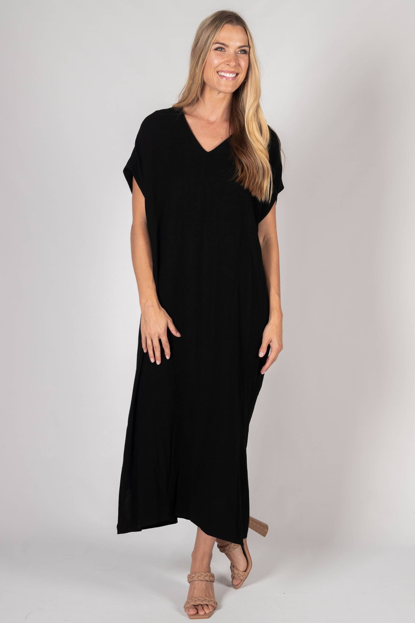 Linen V Neck Maxi Dress- Black