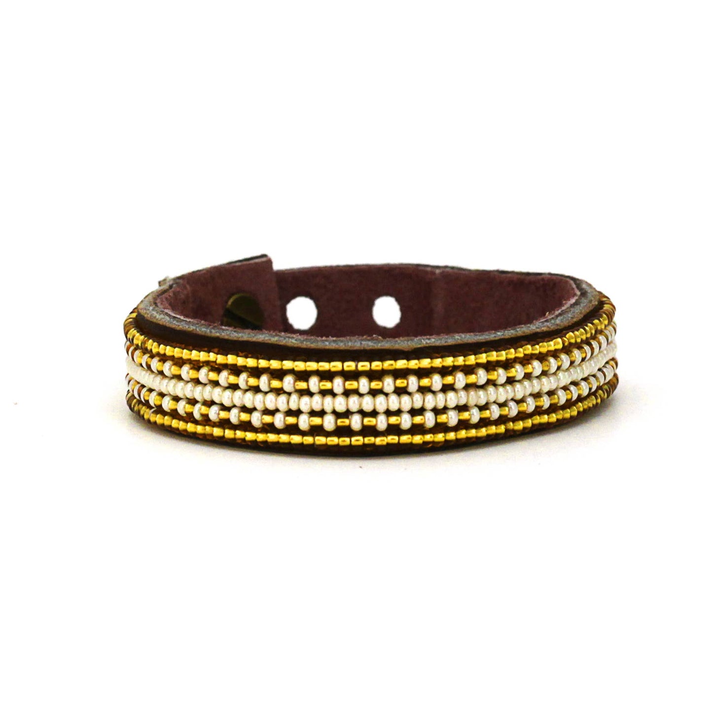 Swahili Coast - Small Gold and Pearl Stripe Leather Cuff