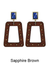 Trapezium Geometric Wood Natural Stone Dangle Post Earrings: Sapphire Brown