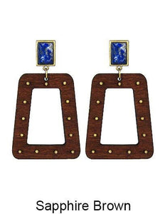 Trapezium Geometric Wood Natural Stone Dangle Post Earrings: Sapphire Brown