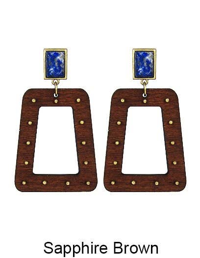 Trapezium Geometric Wood Natural Stone Dangle Post Earrings: Sapphire Brown