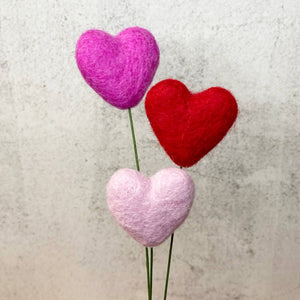 Set of 3 Felted Heart Stem Bouquet True Love: Thin