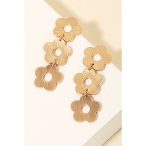 Brushed Metallic Flower Chain Dangle Earrings: