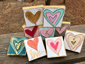 3x3 Heart Valentine handmade textured wood block: Gold heart/white