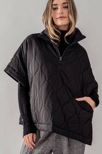 QUARTER ZIP QUILTED PUFFER PONCHO: Black